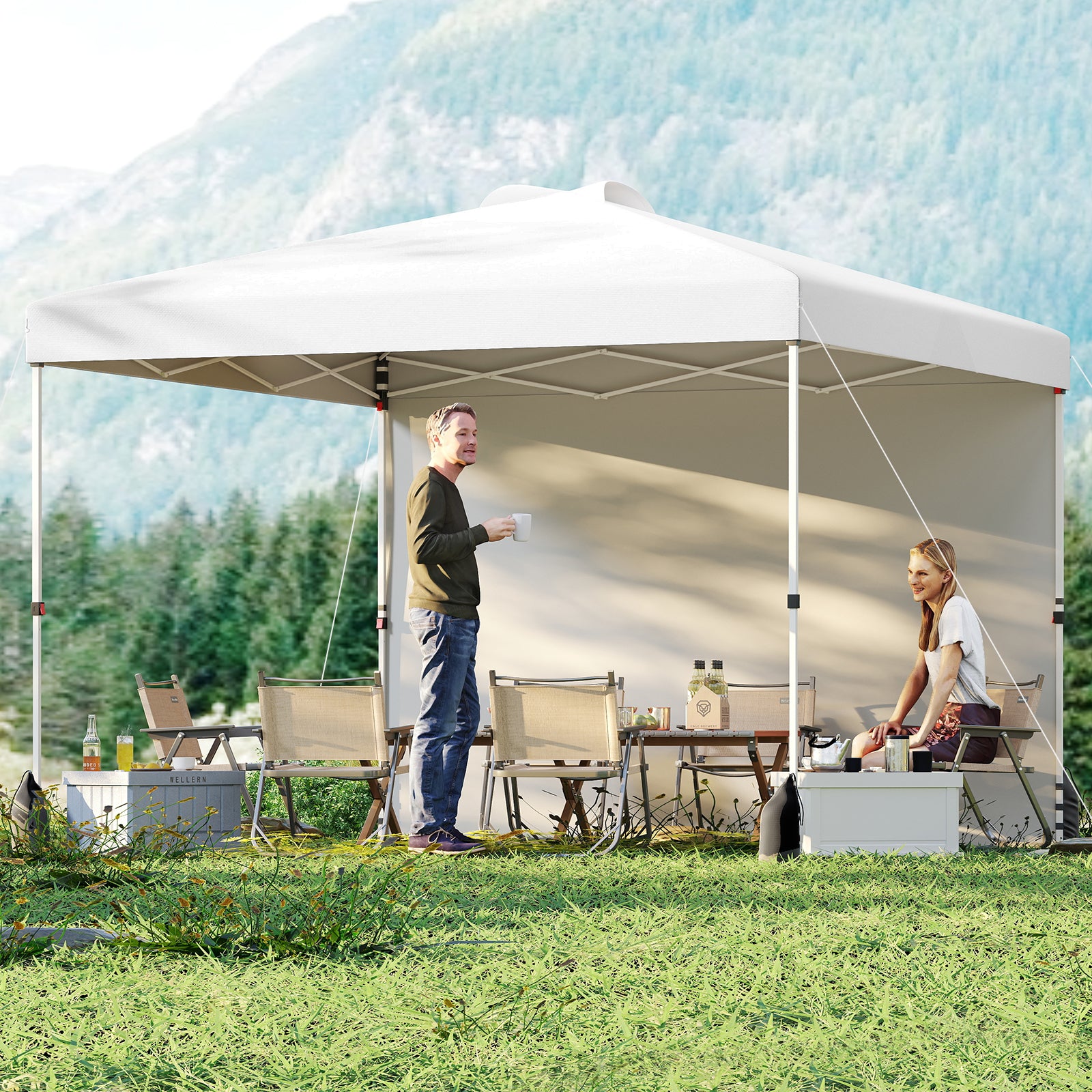 White 10x10 ft pop-up canopy tent with one sidewall and wheeled bag, ideal for outdoor shade and event coverage.