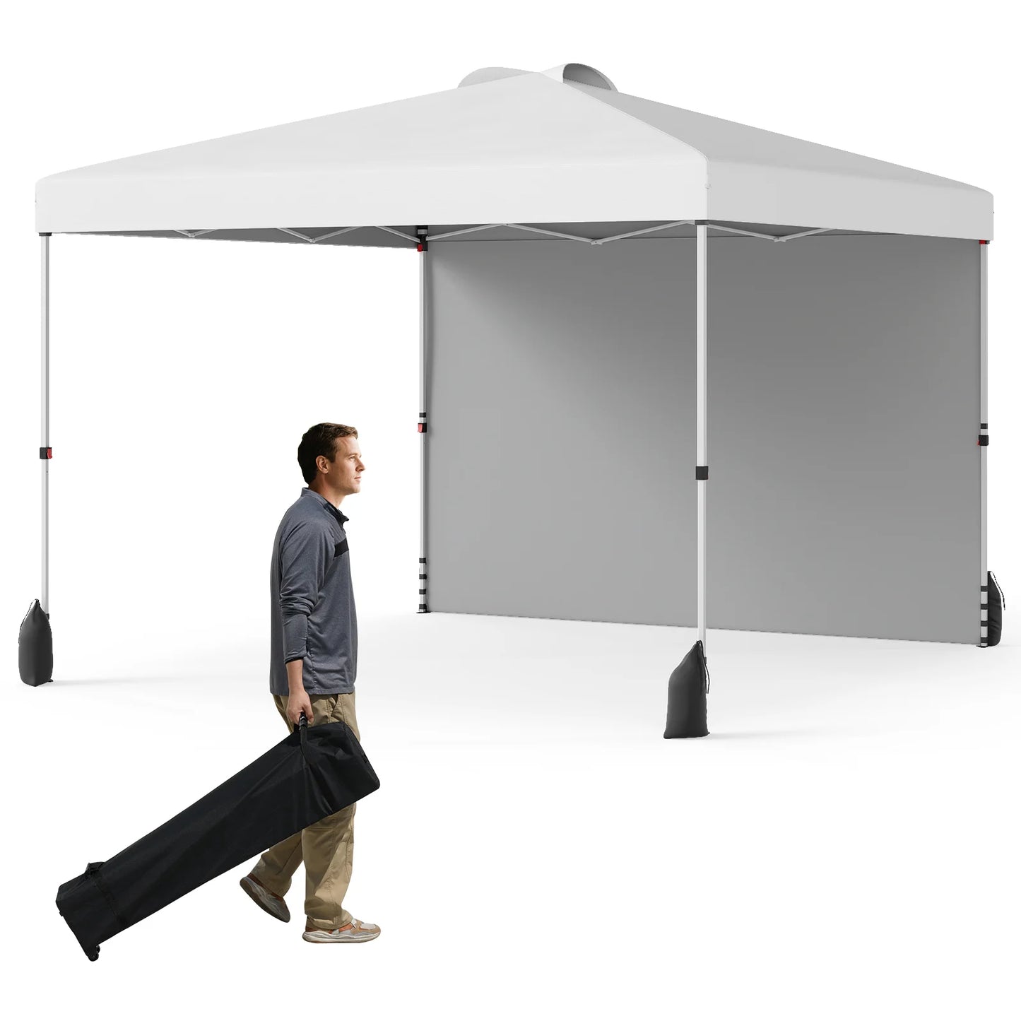 White 10x10 ft pop-up canopy tent with one sidewall, wheeled carrying bag, ideal for outdoor shade and shelter.