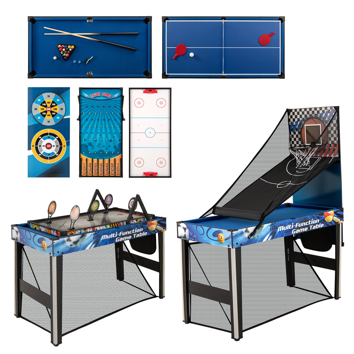 10-in-1 Combo Game Table Set with Table Tennis  Basketball  Soccer-Blue