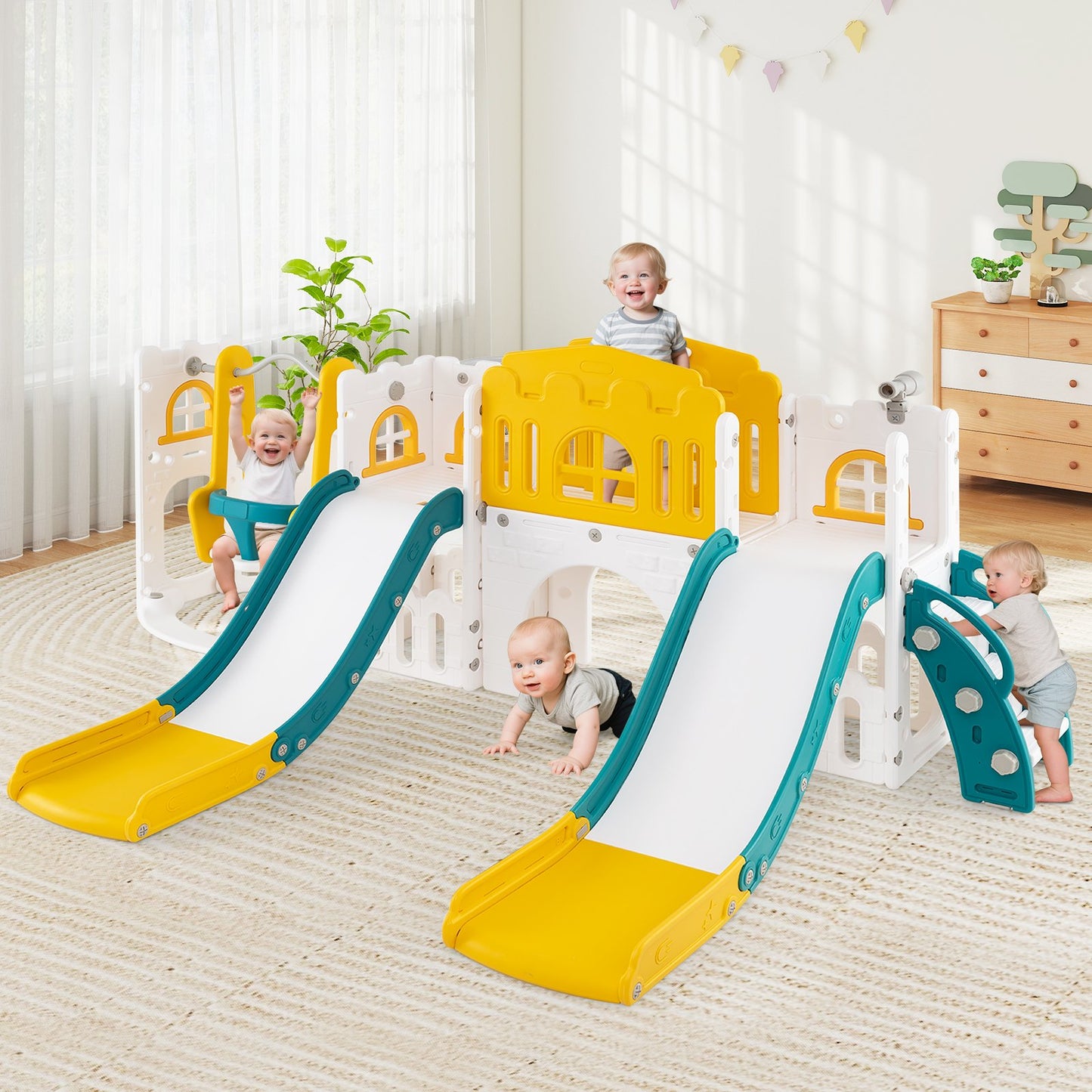 10-in-1 Toddler Slide and Swing Set with Double Slides and Tunnel-Pink