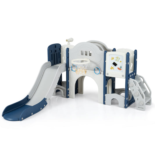 10 in 1 Toddler Slide Set Kids Slide and Climber Playset Indoor Playground-Blue