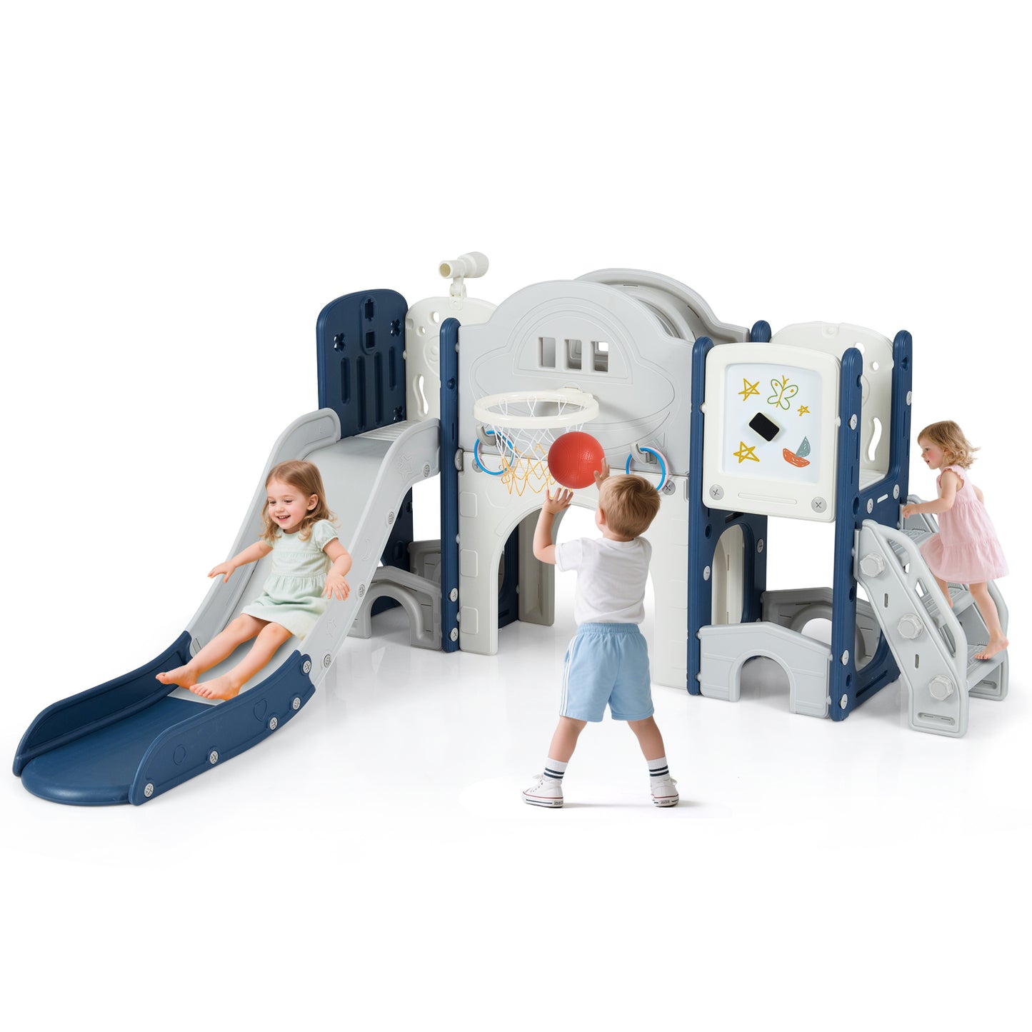 10 in 1 Toddler Slide Set Kids Slide and Climber Playset Indoor Playground-Blue