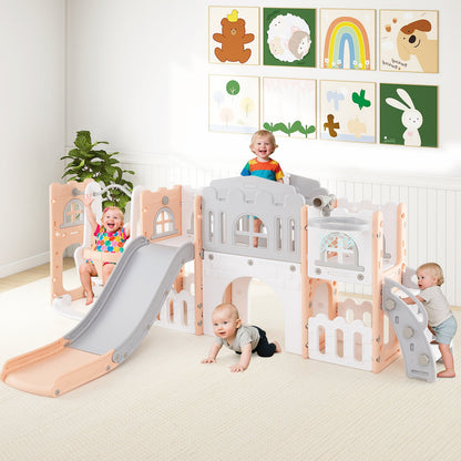 10-in-1 Toddler Swing and Slide Set Climber Playset with Basketball Hoop-Pink