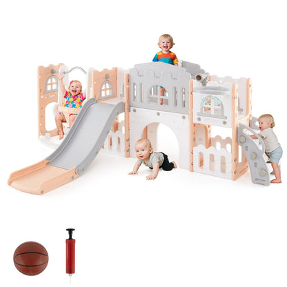 10-in-1 Toddler Swing and Slide Set Climber Playset with Basketball Hoop-Pink