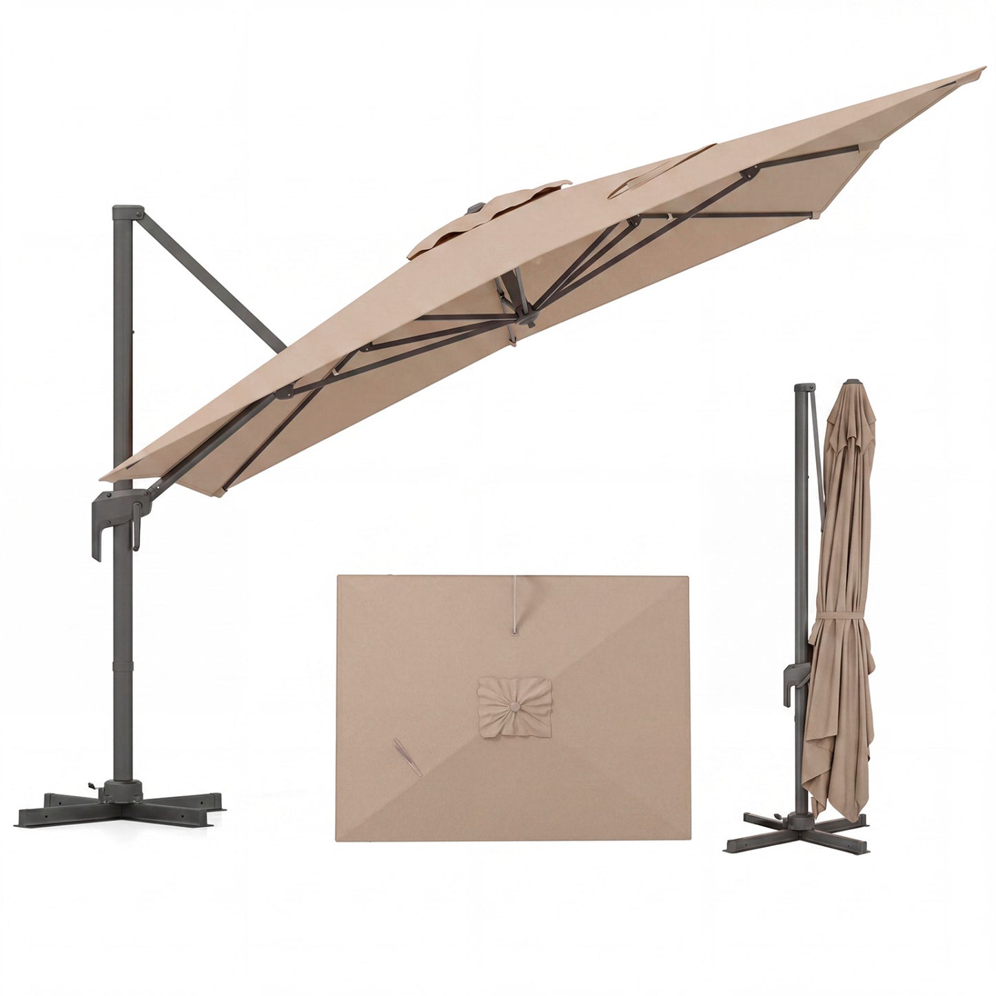 10 x 13 FT Cantilever Patio Umbrella with 360-Degree Rotation and 5 Tilt Positions-Beige