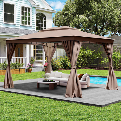 10 x 13 Feet Patio Gazebo Double-Roof with Mesh Netting and Privacy Curtains-Coffee