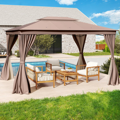 10 x 13 Feet Patio Gazebo Double-Roof with Mesh Netting and Privacy Curtains-Coffee