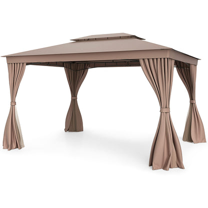 10 x 13 Feet Patio Gazebo Double-Roof with Mesh Netting and Privacy Curtains-Coffee