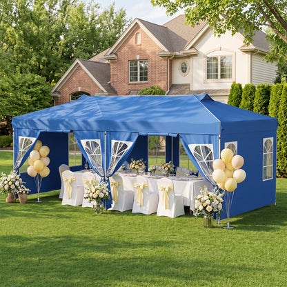 Black 10x20 ft pop-up canopy tent with six sidewalls and adjustable height, ideal for outdoor shade and shelter.
