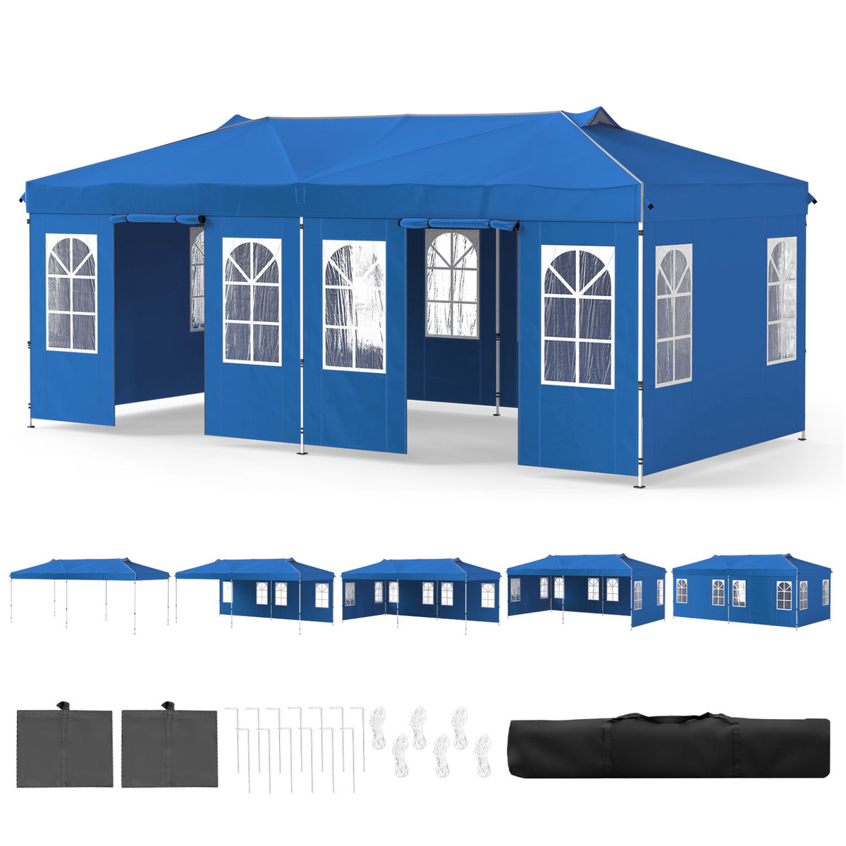 Black 10x20 ft pop-up canopy tent with 6 sidewalls and adjustable height, ideal for outdoor shade and shelter.