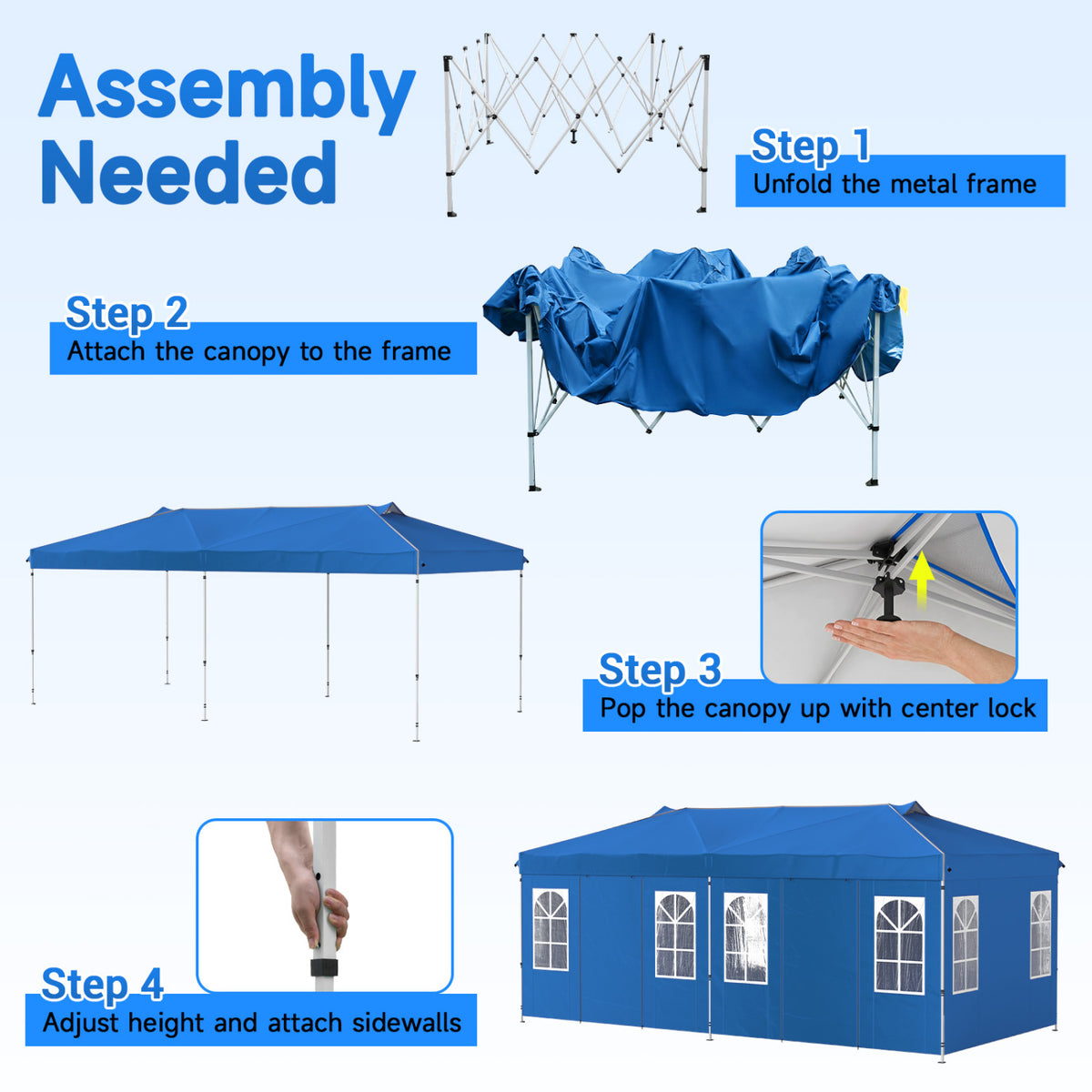 Black 10x20 ft pop-up canopy tent with 6 sidewalls and adjustable height, ideal for outdoor shade and outdoor events.