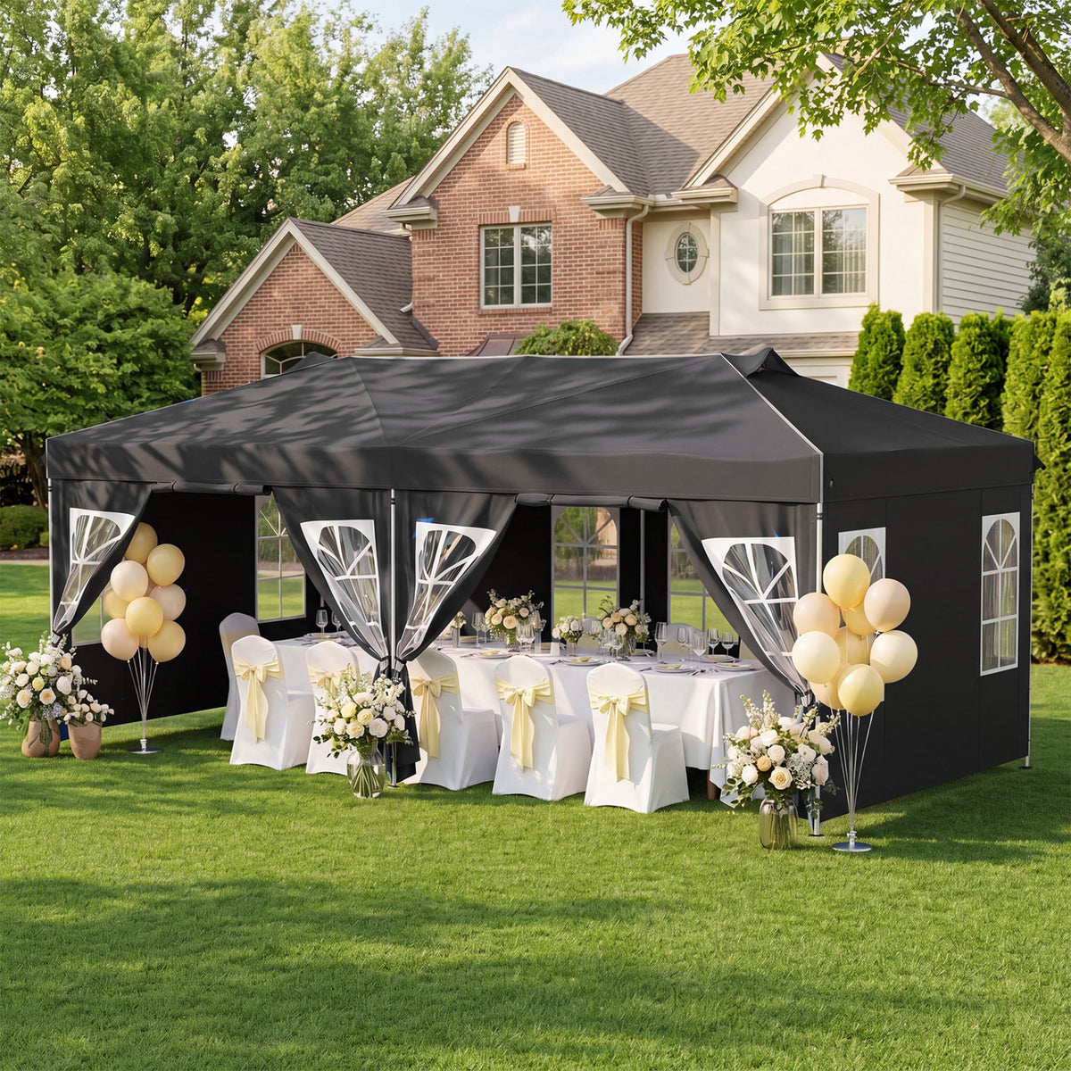 Black 10x20 ft pop-up canopy tent with 6 sidewalls and adjustable height, ideal for outdoor shade and shelter.