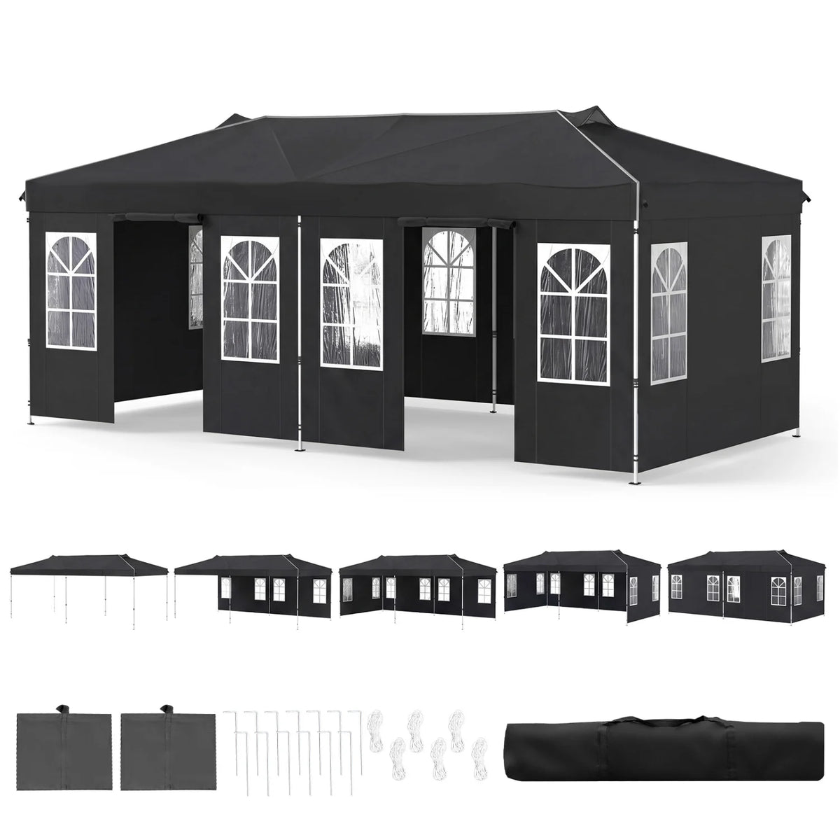 Black 10x20 ft pop-up canopy tent with six sidewalls and adjustable height, ideal for outdoor shade and shelter.