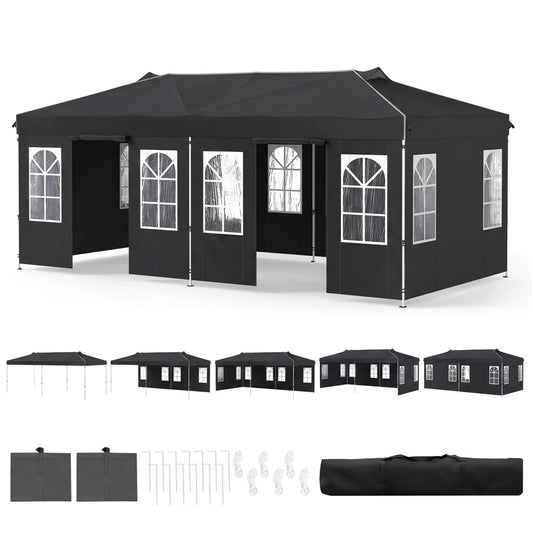 Black 10x20 ft pop-up canopy tent with six sidewalls and adjustable height, ideal for outdoor shade and shelter.