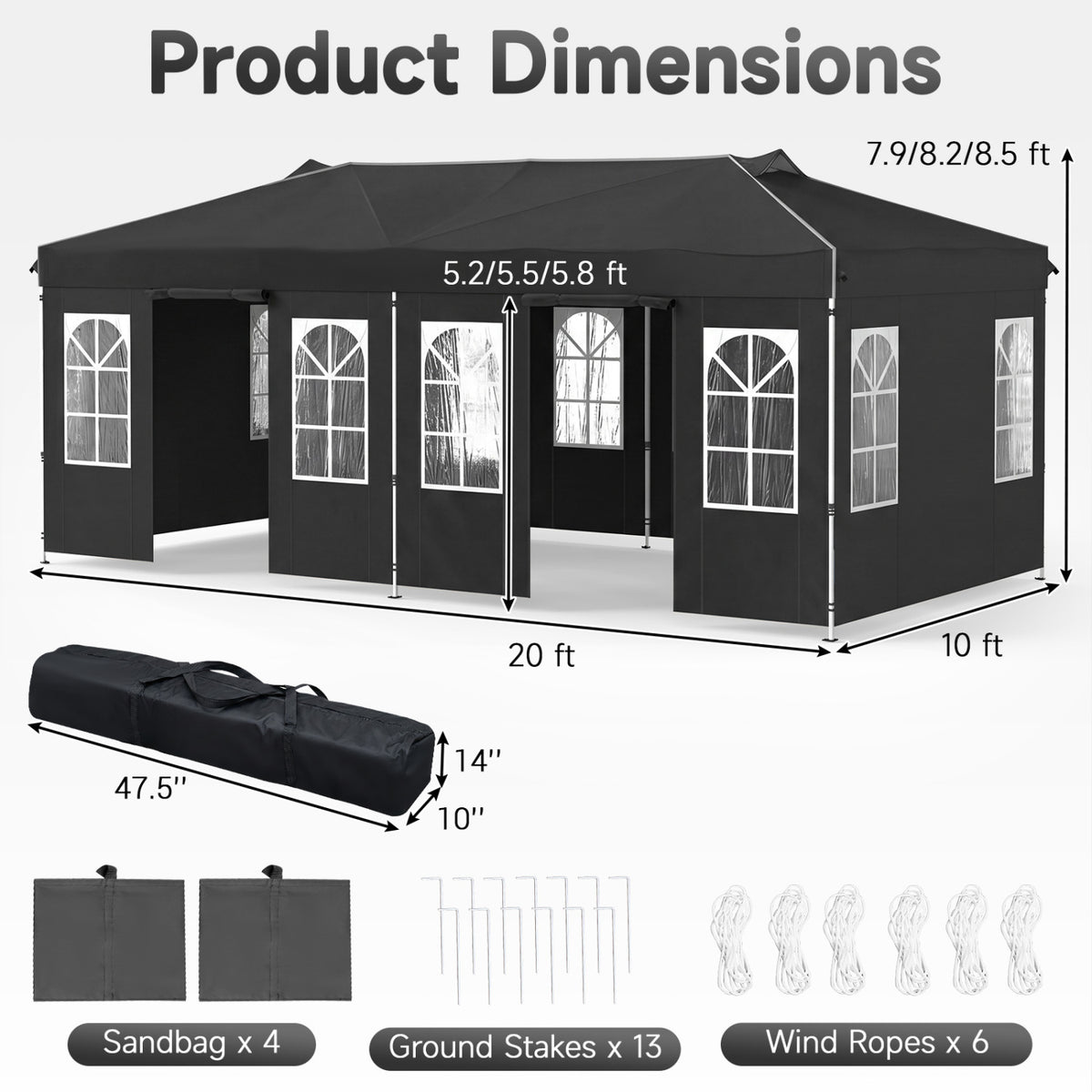 Black 10x20 ft pop-up canopy tent with 6 sidewalls and adjustable height, ideal for outdoor shade and shelter.