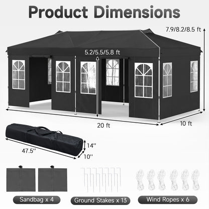 Black 10x20 ft pop-up canopy tent with 6 sidewalls and adjustable height, ideal for outdoor shade and shelter.