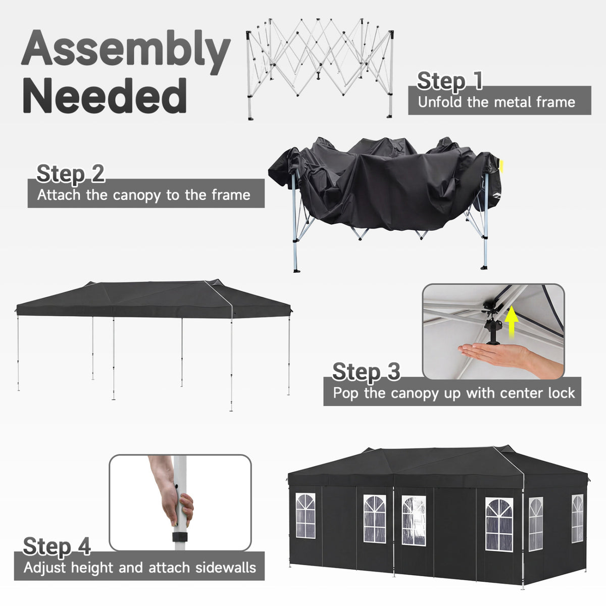 Black 10x20 ft pop-up canopy tent with six sidewalls and adjustable height, ideal for outdoor shade and shelter.