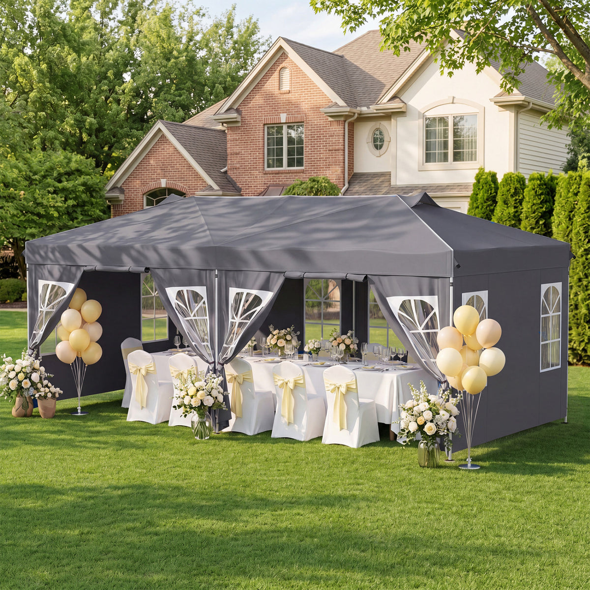 Black 10x20 ft pop-up canopy tent with 6 sidewalls and adjustable height, suitable for outdoor shade and event use.