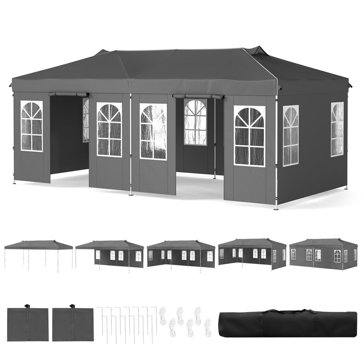 Black 10x20 ft pop-up canopy tent with 6 sidewalls and adjustable height, ideal for outdoor shade and protection.