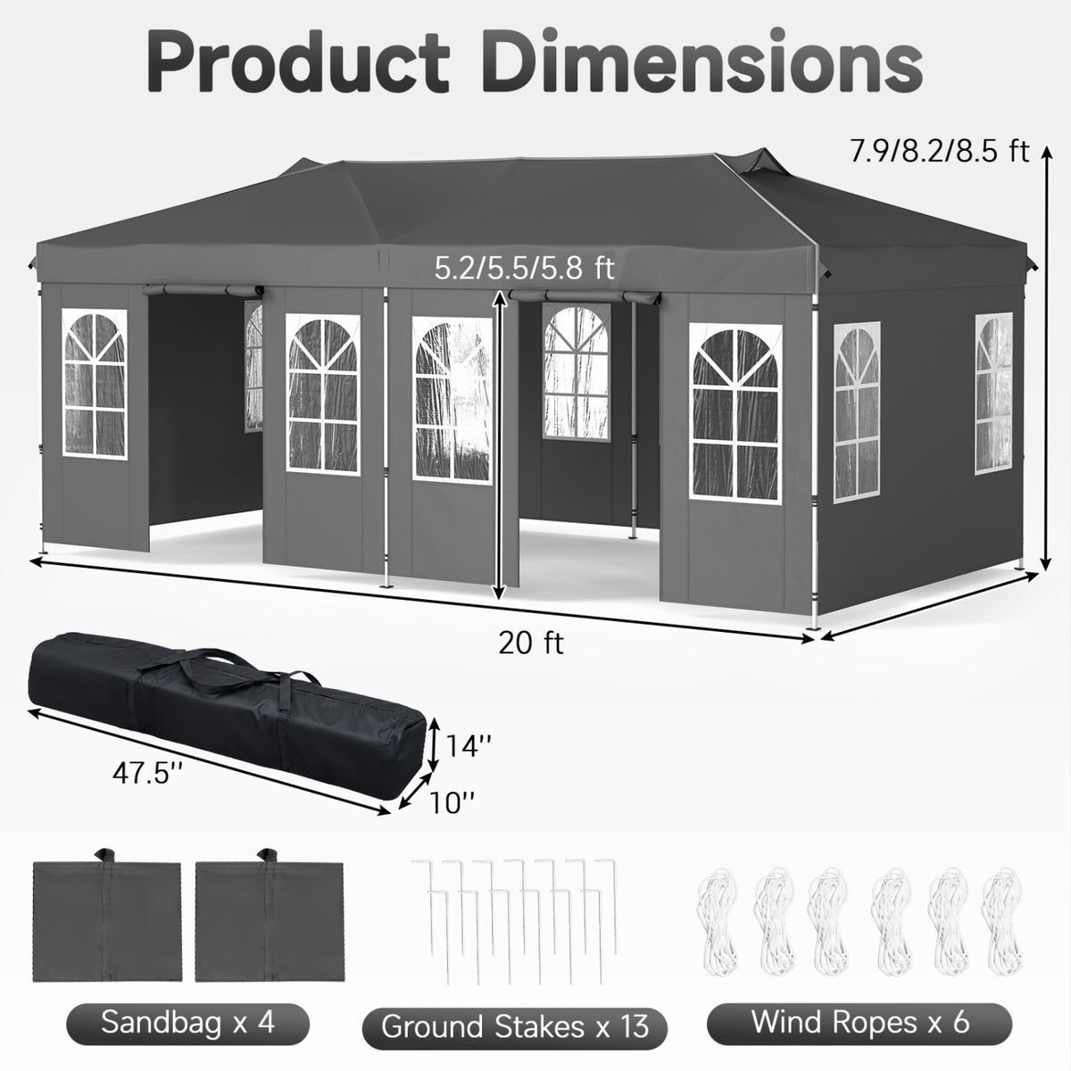 Black 10x20 ft pop-up canopy tent with 6 sidewalls and adjustable height, ideal for outdoor shade and outdoor events.