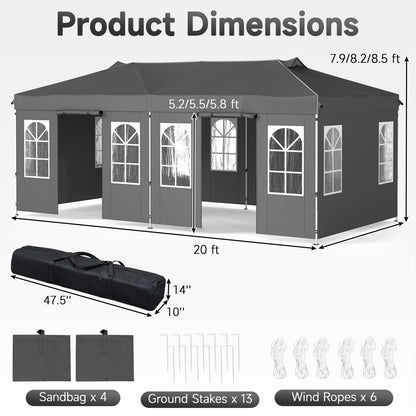 Black 10x20 ft pop-up canopy tent with 6 sidewalls and adjustable height, ideal for outdoor shade and outdoor events.
