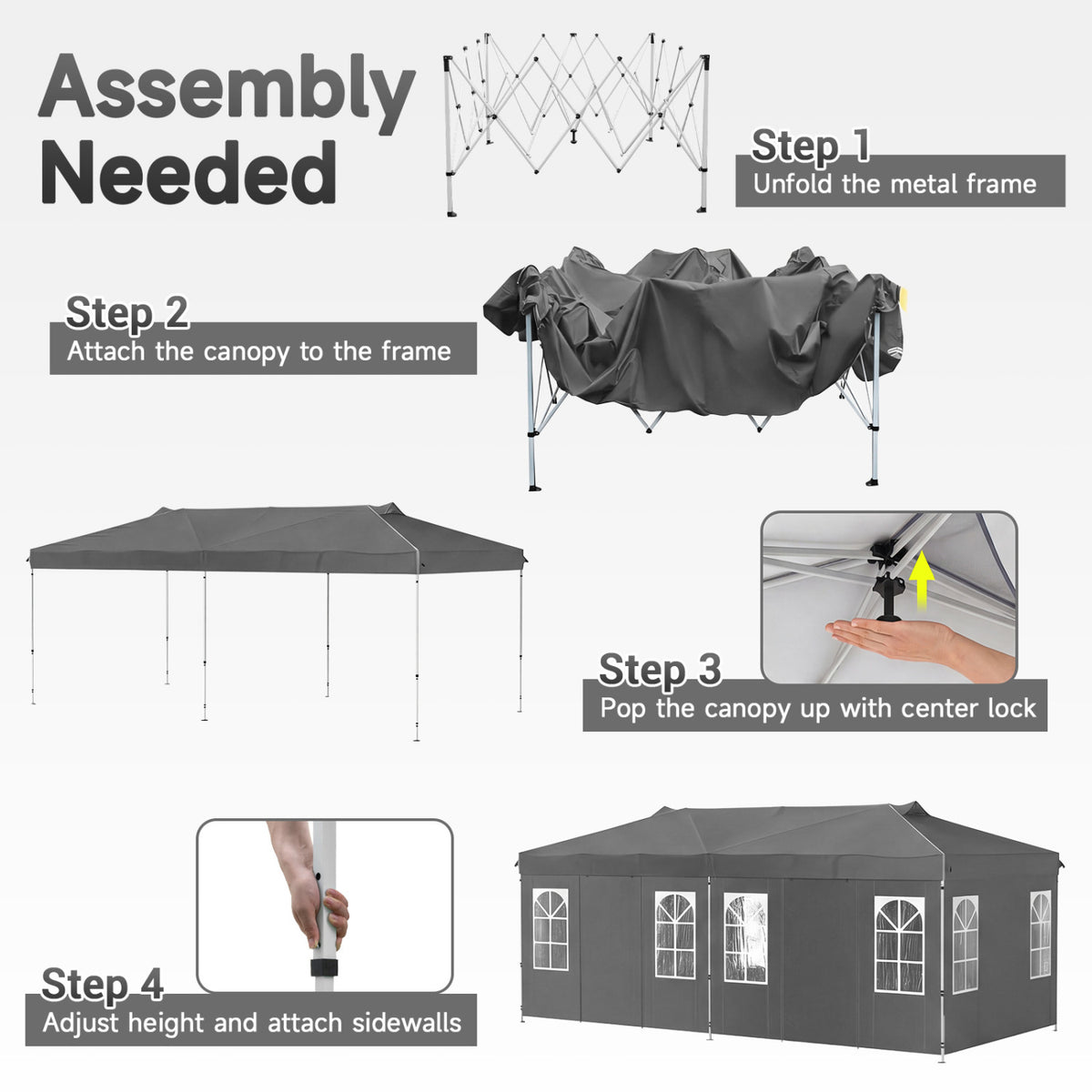 Black 10x20 ft pop-up canopy tent with six sidewalls and adjustable height, outdoor shade by Wilsons Home Store