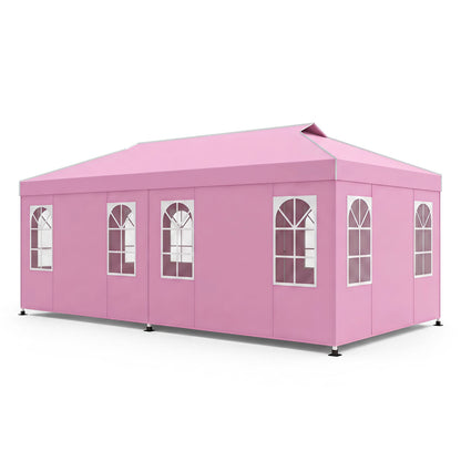 Black 10x20 ft pop-up canopy tent with six sidewalls and adjustable height, ideal for outdoor shade and events.