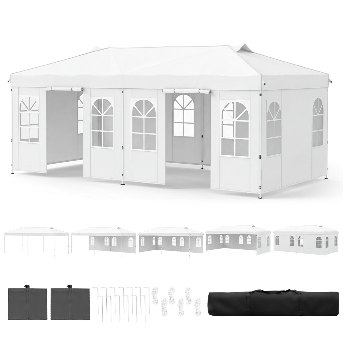 Black 10x20 ft pop-up canopy tent with 6 sidewalls and adjustable height, ideal for outdoor shade and shelter.