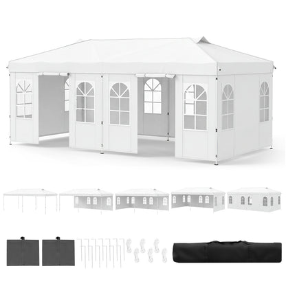 Black 10x20 ft pop-up canopy tent with 6 sidewalls and adjustable height, ideal for outdoor shade and shelter.