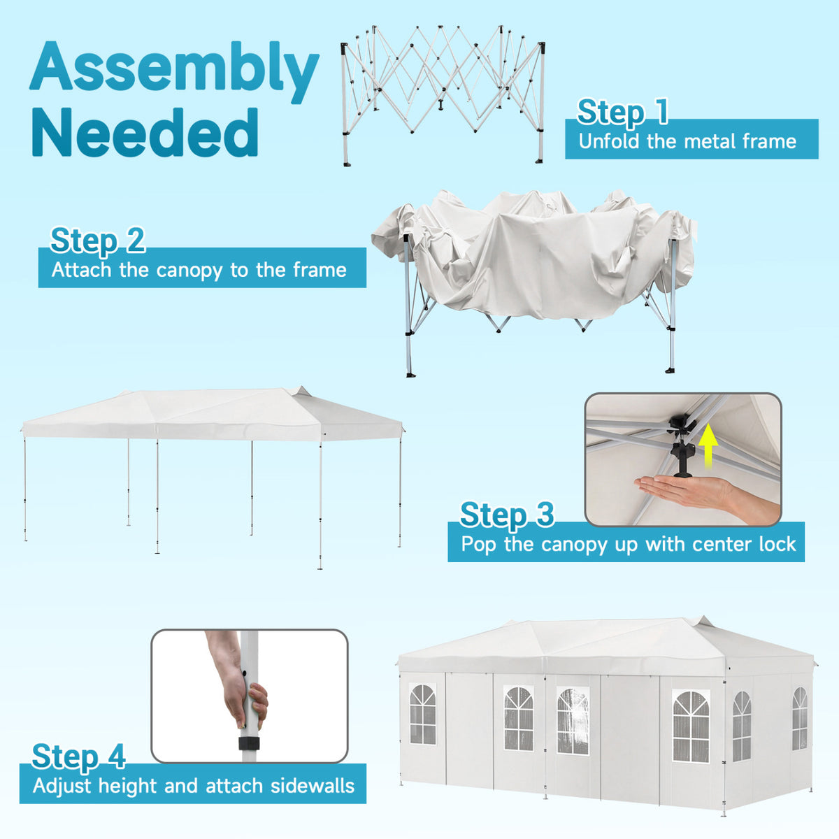 Black 10x20 ft pop-up canopy tent with 6 sidewalls and adjustable height, ideal for outdoor shade and shelter.