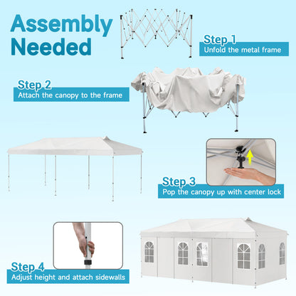 Black 10x20 ft pop-up canopy tent with 6 sidewalls and adjustable height, ideal for outdoor shade and shelter.