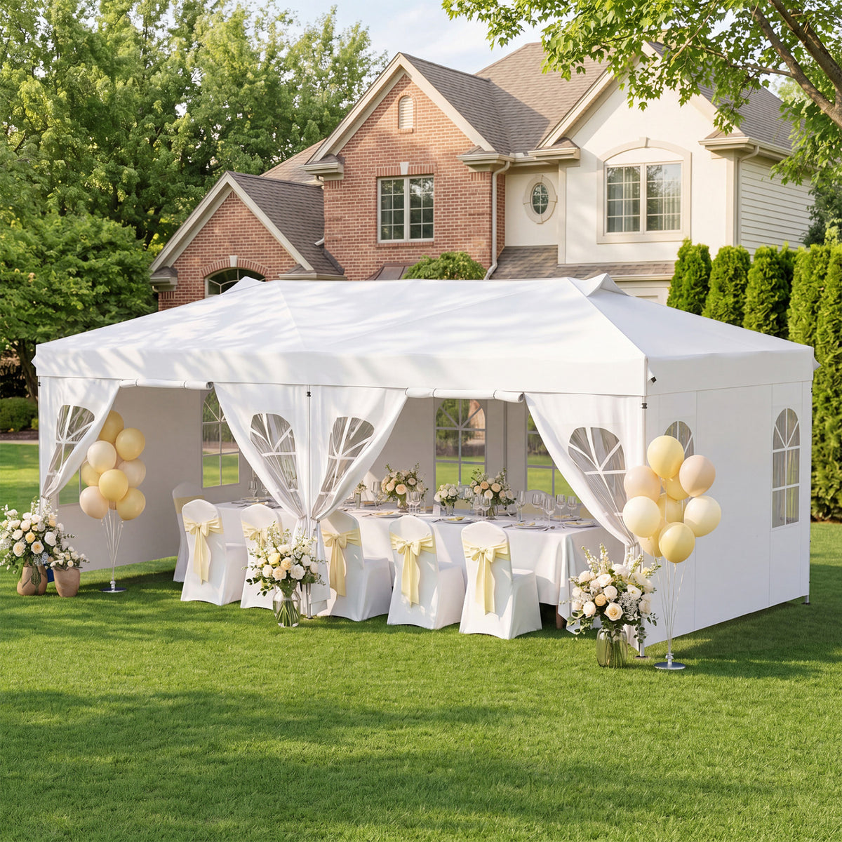 Black 10x20 ft pop-up canopy tent with six sidewalls and adjustable height, ideal for outdoor shade and event coverage.