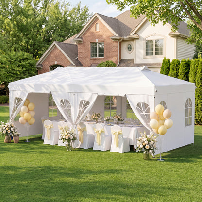 Black 10x20 ft pop-up canopy tent with six sidewalls and adjustable height, ideal for outdoor shade and event coverage.
