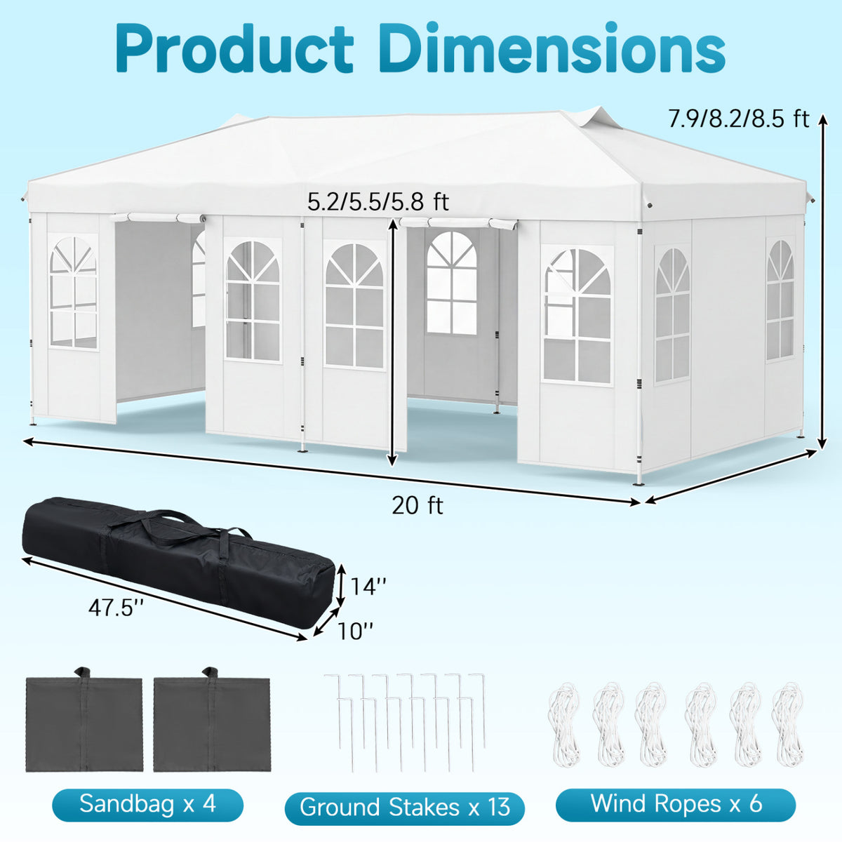 Black 10x20 ft pop-up canopy tent with 6 sidewalls and adjustable height, ideal for outdoor shade and shelter.