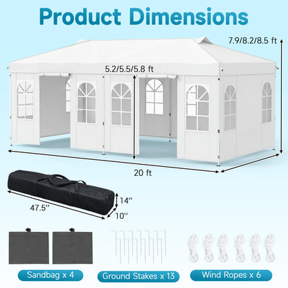 Black 10x20 ft pop-up canopy tent with 6 sidewalls and adjustable height, ideal for outdoor shade and shelter.