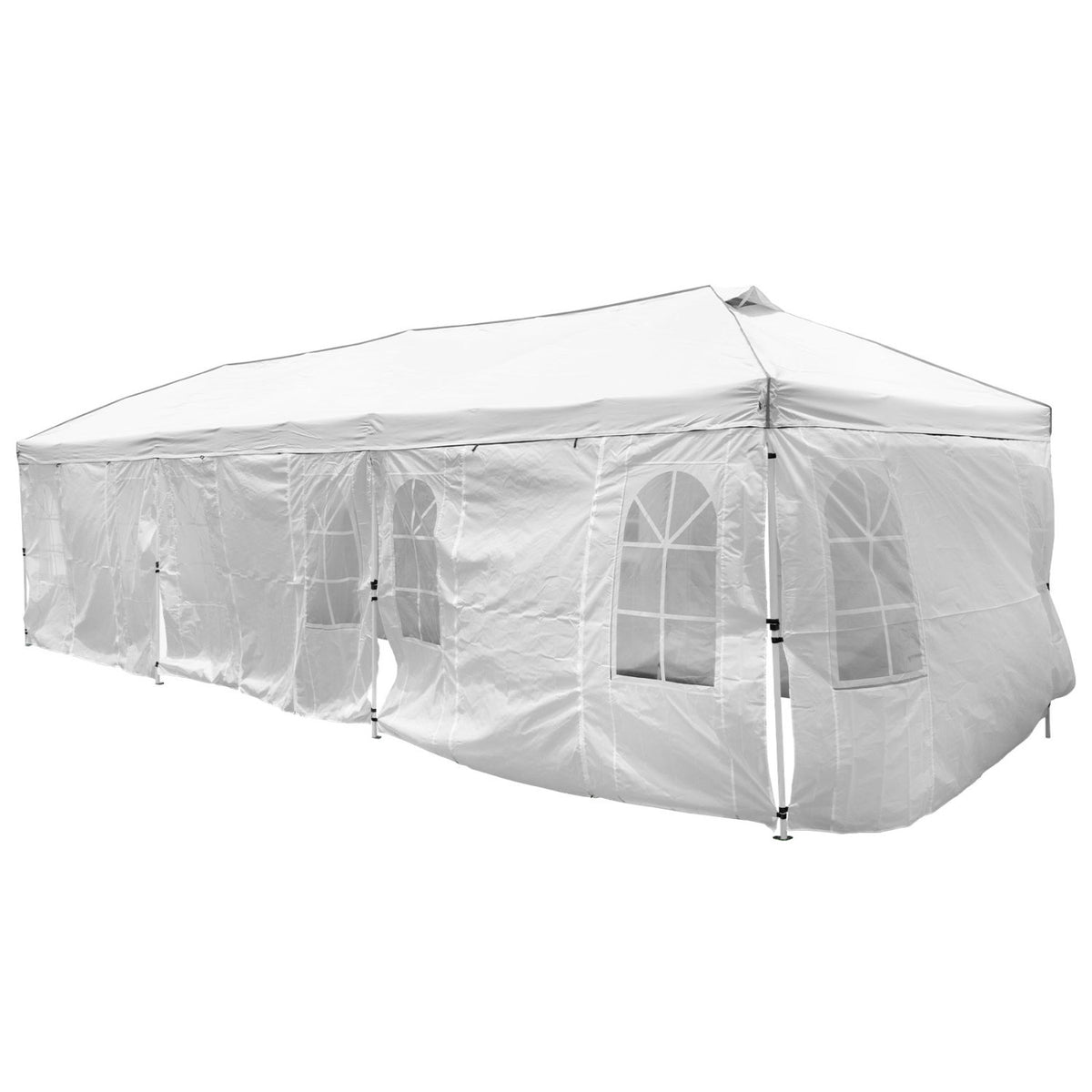 White 10x30 ft pop-up canopy tent with 8 sidewalls and adjustable height, ideal for outdoor shade and shelter.