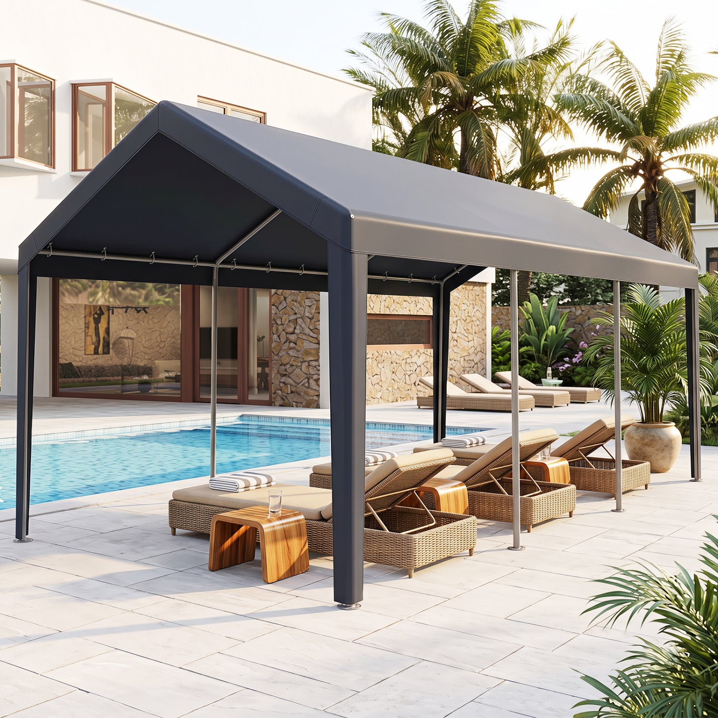 10x20 FT Portable Garage with 2 Doors & 4 Mesh Windows and PE Cover for Car-Gray
