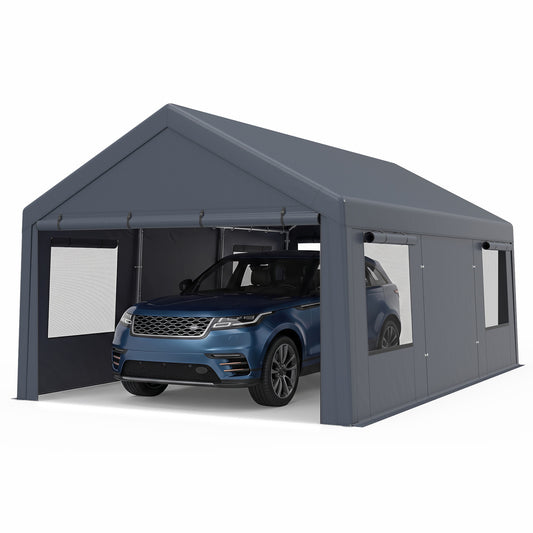 Gray 10x20 ft portable garage with two doors, four mesh windows, and PE cover, ideal for outdoor car storage.