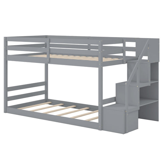 Twin Over Twin Low Bunk Bed with Storage Stairs Solid Wood Floor Bunk Bed Frame-Gray