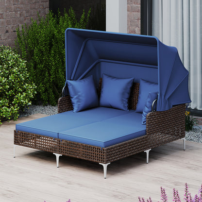 Outdoor Daybed with Retractable Canopy PE Wicker Rattan Patio Lounger-Brown