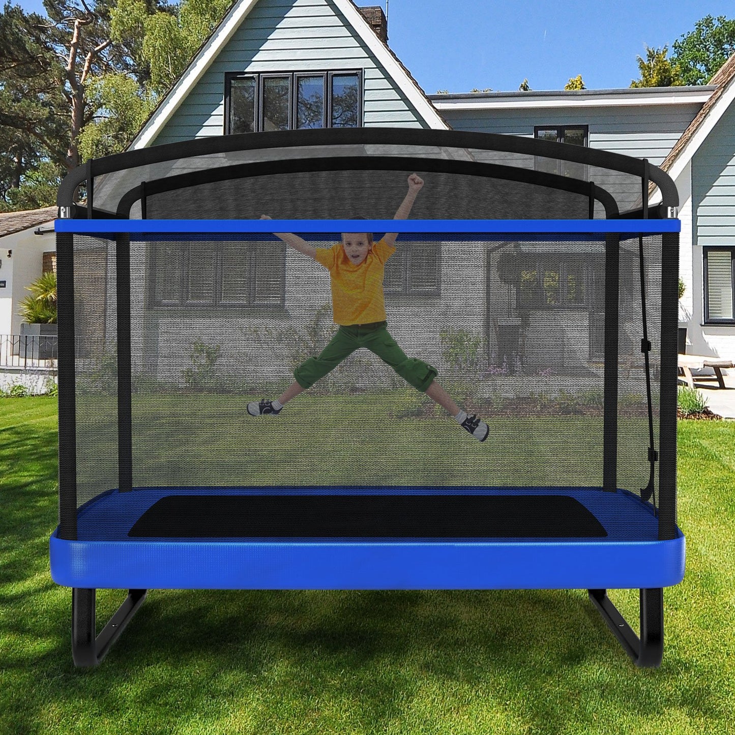 6 FT Kids Trampoline with Swing and Horizontal Bar Small Rectangle Trampoline-Blue