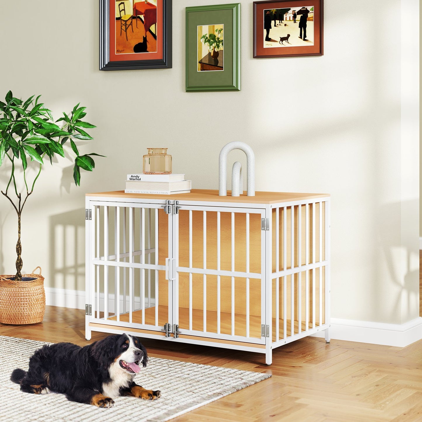 40 Inch Dog Crate Furniture Dog Kennel with Dual Lockable Double Doors-Natural