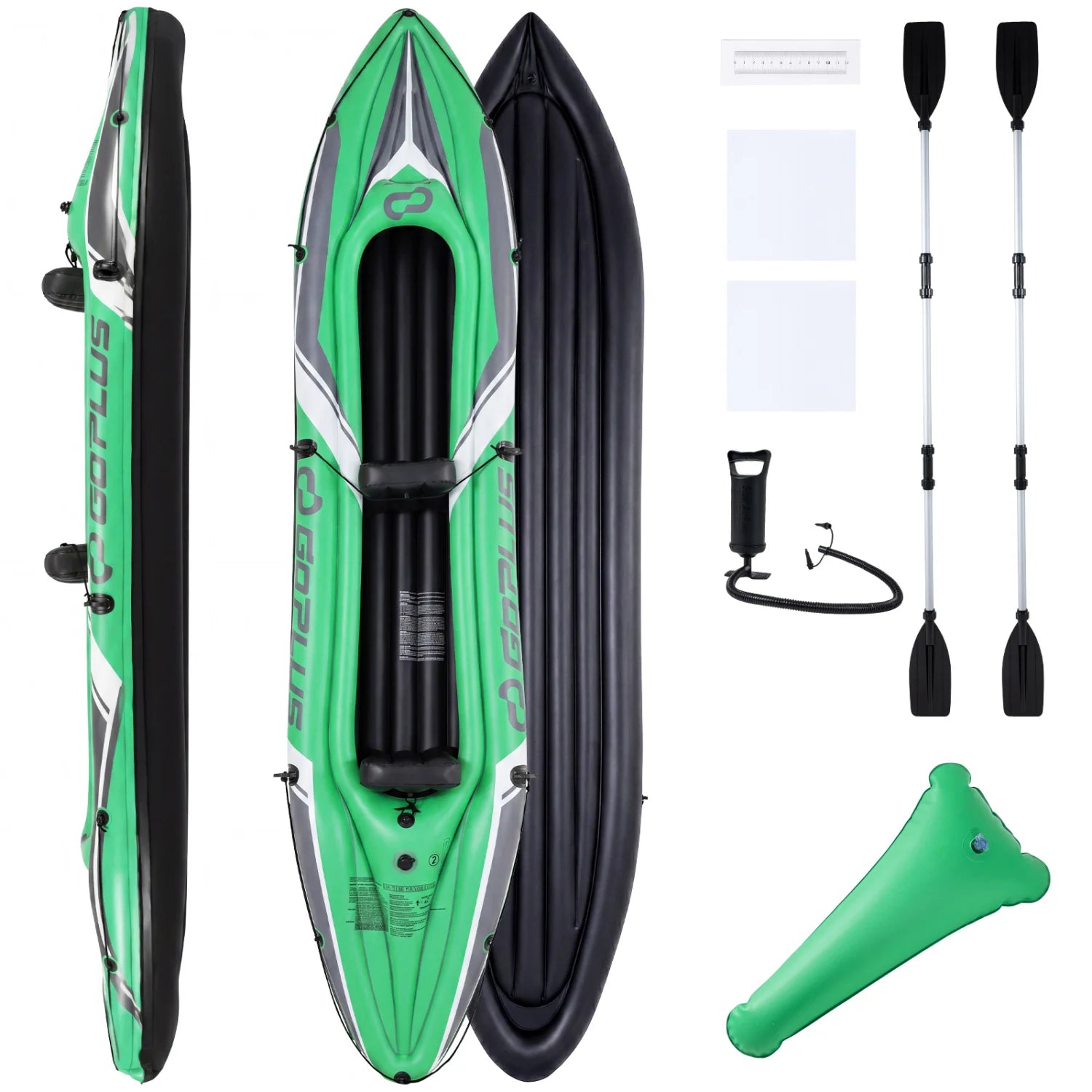 Green 11.5-foot inflatable kayak for two people with aluminum paddles, durable heavy-duty design for water sports adventures.