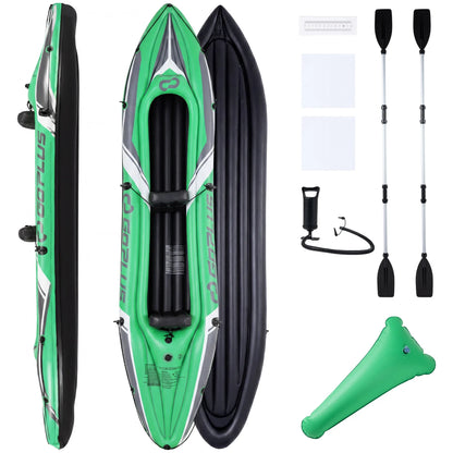 Green 11.5-foot inflatable kayak for two people with aluminum paddles, durable heavy-duty design for water sports adventures.