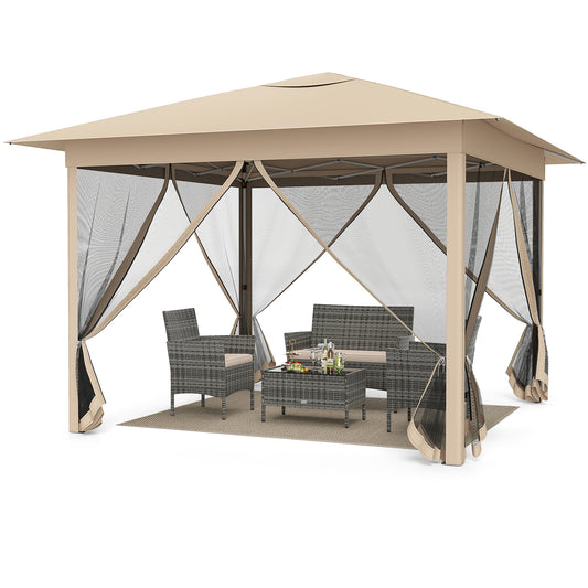 11.5 x 11.5 FT Pop-up Canopy Instant One-Person Setup with Mesh Screen Netting-Beige