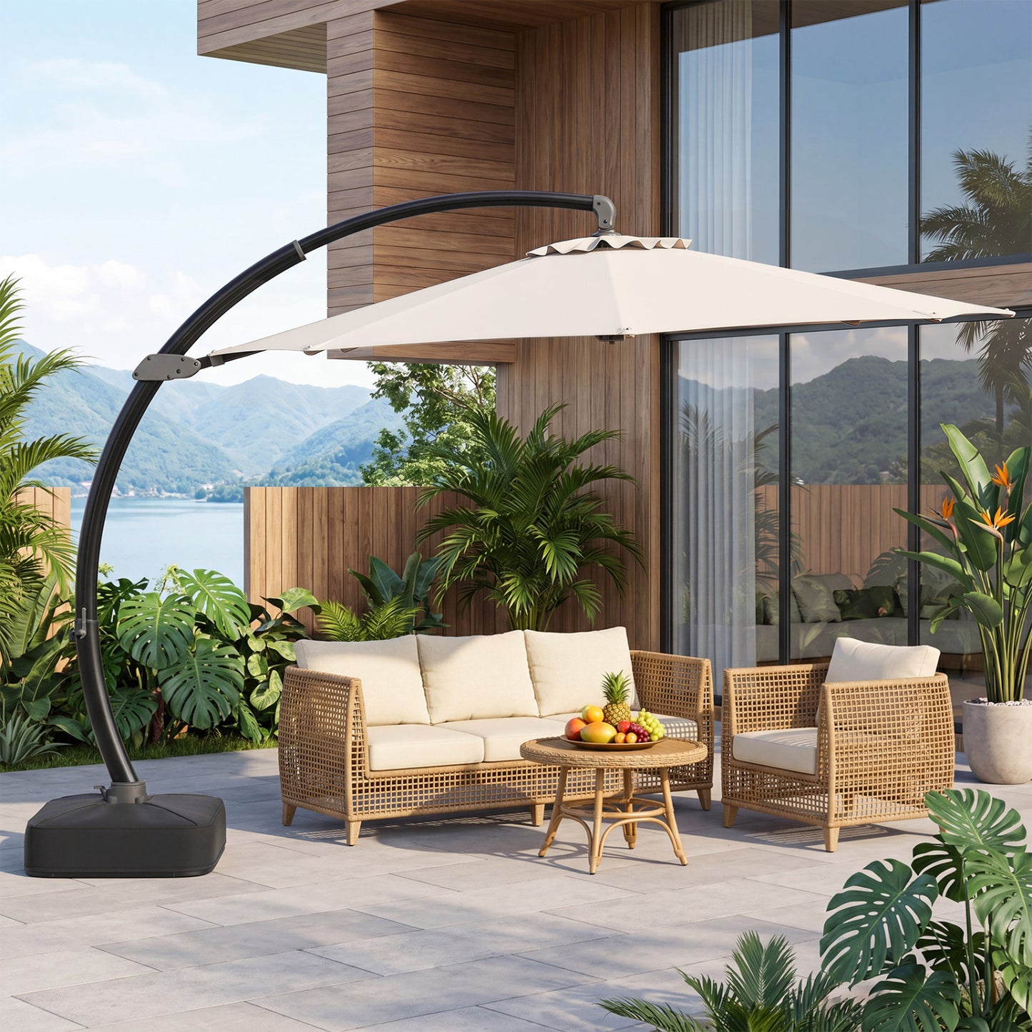 Beige 11 ft cantilever patio umbrella with base, featuring 360° rotation and tilt adjustment for outdoor shade.