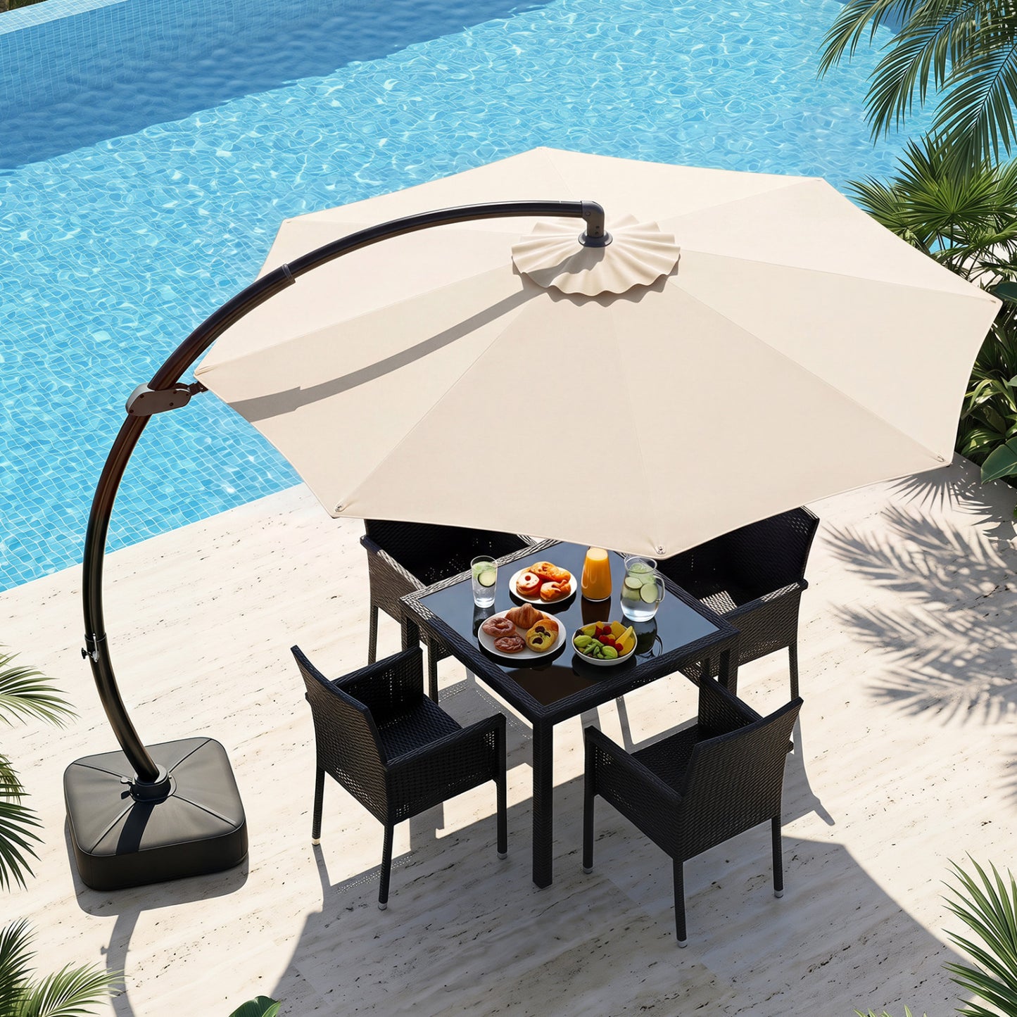 Beige 11 ft cantilever patio umbrella with base, featuring 360° rotation and tilt adjustment for outdoor shade.