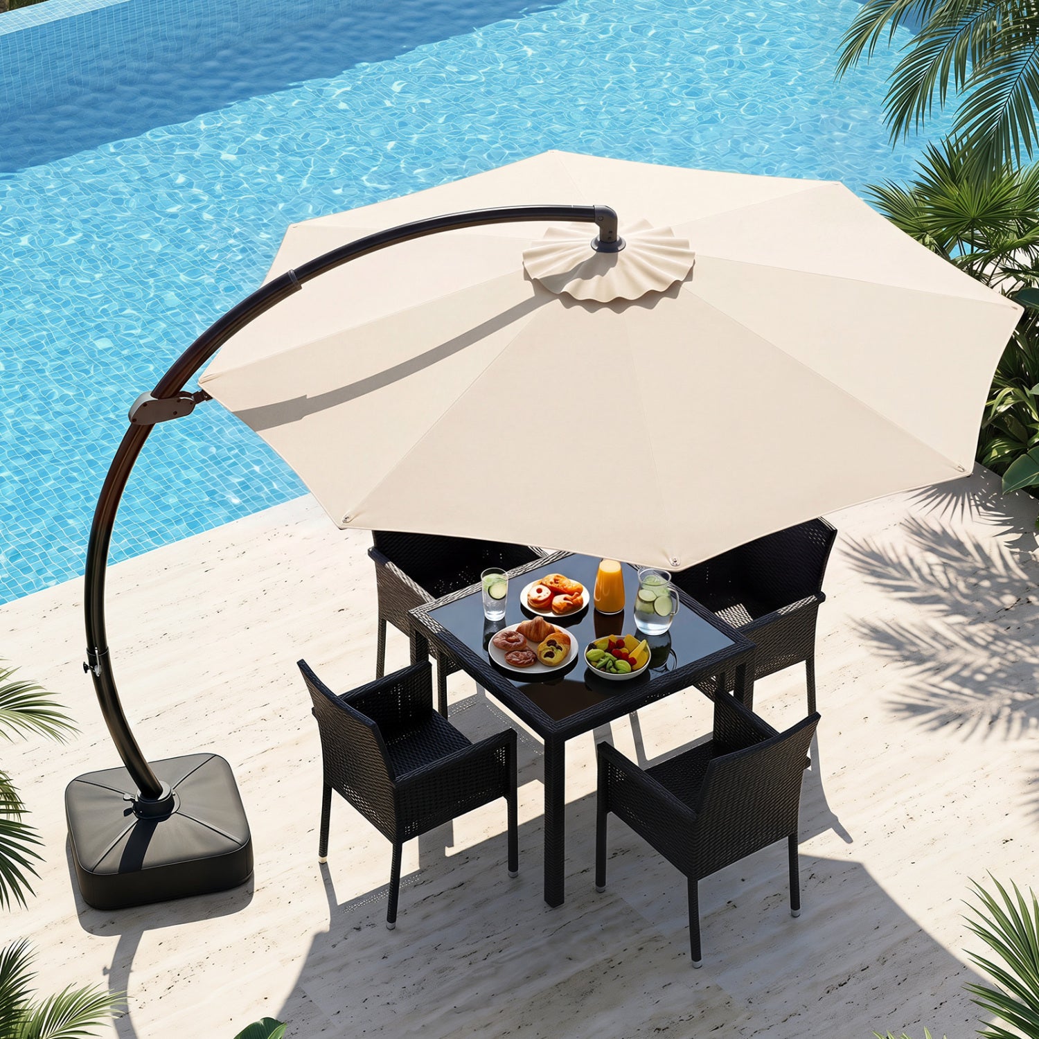 Beige 11 ft cantilever patio umbrella with base, featuring 360° rotation and tilt adjustment for outdoor shade.