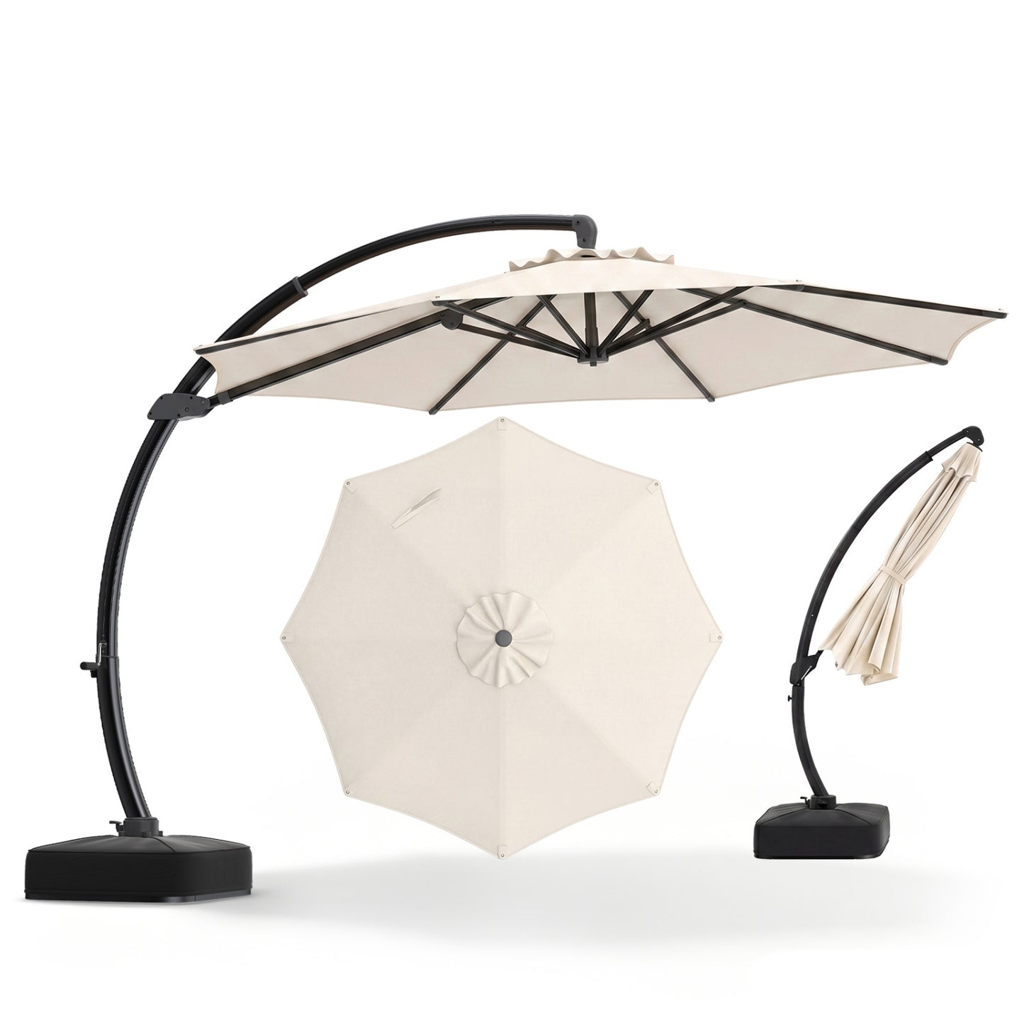 Beige 11 ft cantilever patio umbrella with base, featuring 360° rotation and tilt adjustment for outdoor shading.