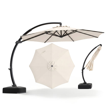 Beige 11 ft cantilever patio umbrella with base, featuring 360° rotation and tilt adjustment for outdoor shading.